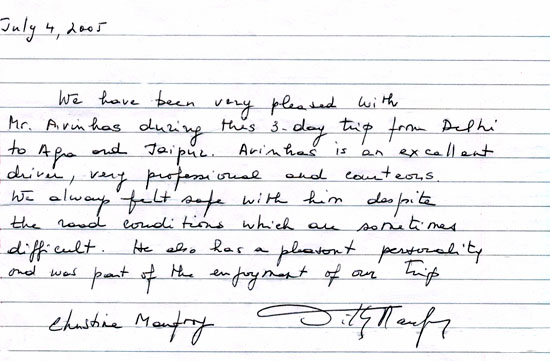 Comments about the driver for the Rajasthan tour by Ms. and Mr. Menfroy