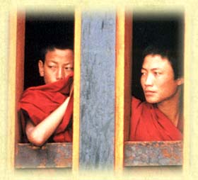 Young Buddhist students in a monastery in Tibet